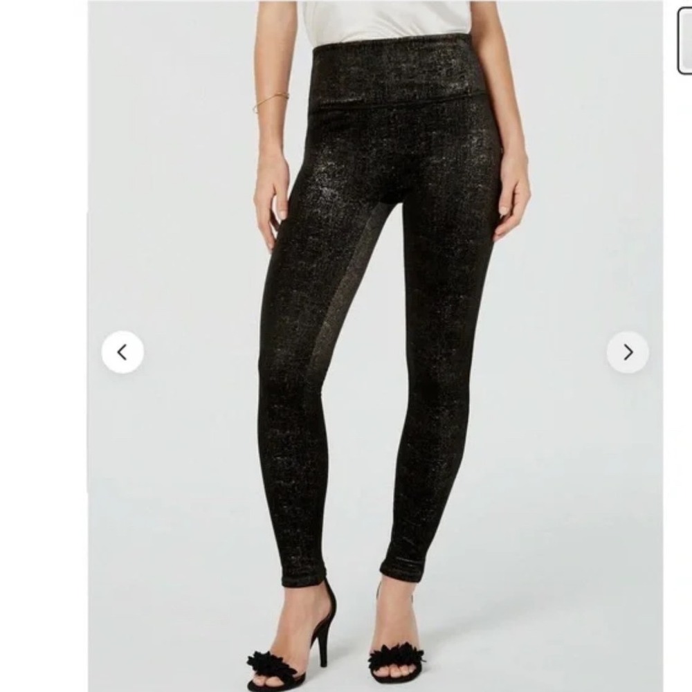 SPANX Shape Small Velvet‎ Black Gold Metallic Textured High Waist Leggings Shine